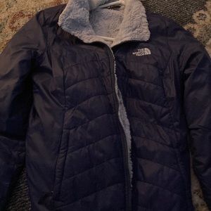 Dark blue northface with light blue faux fur inside
